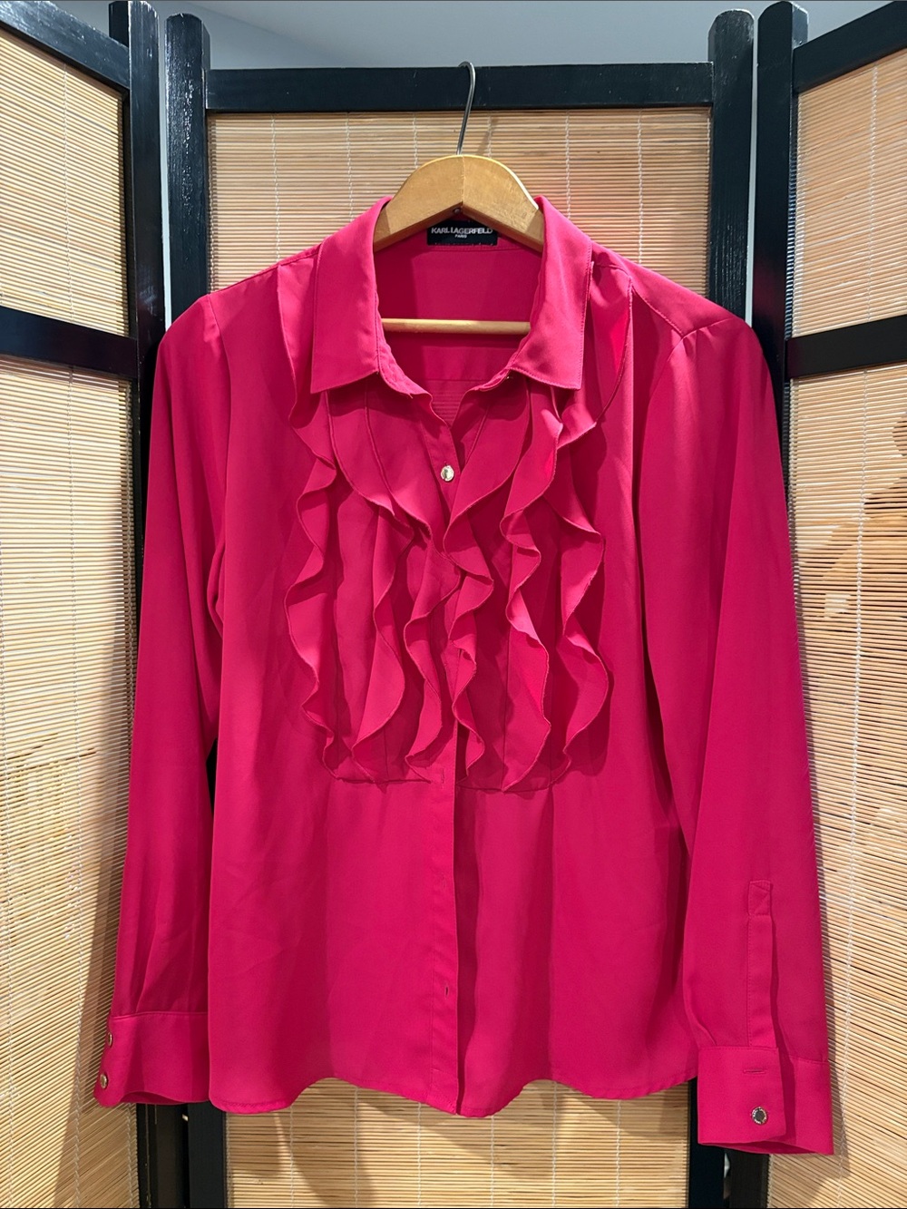 Karl Lagerfeld Hot Pink Ruffle Front Button-Down Blouse